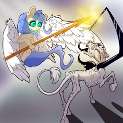 Size: 1280x1280 | Tagged: safe, artist:daisyminttea, oc, monster pony, original species, pony, fight, flying, glowing eyes, headcanon, magic, magic aura, redraw, simple background, spear, tentacles, weapon, whitewing, wings