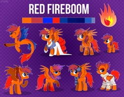 Size: 4100x3200 | Tagged: safe, artist:keyrijgg, oc, oc only, oc:redfireboom, bat pony, crystal pony, pegasus, pony, seapony (g4), clothes, color palette, commission, dress, earmuffs, foal, purple background, rainbow power, reference sheet, scarf, simple background, your character here