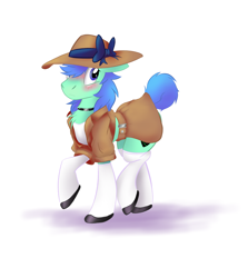 Size: 3037x3410 | Tagged: safe, artist:naivintage, oc, oc only, oc:spearmint, pony, blushing, chest fluff, choker, clothes, crossdressing, embarrassed, hat, high res, jacket, male, shirt, shoes, skirt, socks, solo, stallion, sun hat, tail bun, trap, undershirt