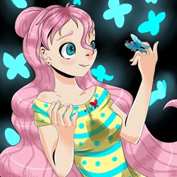 Size: 1500x1500 | Tagged: safe, artist:ellis_sunset, fluttershy, butterfly, human, g4, bust, clothes, female, humanized, smiling, solo