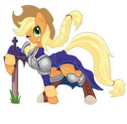 Size: 3112x3038 | Tagged: safe, artist:halotheme, applejack, earth pony, pony, g4, agrias oaks, clothes, costume, crossover, female, final fantasy, final fantasy tactics, high res, mare, one eye closed, simple background, smiling, solo, sword, transparent background, vector, weapon, wink