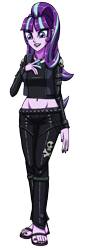 Size: 1096x3000 | Tagged: safe, artist:artemis-polara, starlight glimmer, equestria girls, g4, alternate hairstyle, belly button, belt, clothes, edgelight glimmer, feet, female, human starlight, magical geodes, nail polish, pants, piercing, sandals, simple background, skull, skull and crossbones, toenail polish, transparent background, vest
