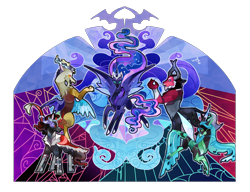 Size: 1300x1000 | Tagged: safe, artist:bunnari, discord, king sombra, lord tirek, nightmare moon, queen chrysalis, alicorn, centaur, changeling, changeling queen, draconequus, pony, unicorn, g4, alternate universe, antagonist, bracer, colored hooves, curved horn, female, glowing eyes, horn, male, nose piercing, nose ring, piercing, septum piercing, simple background, stained glass, story included, transparent background