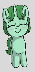 Size: 430x875 | Tagged: safe, artist:heretichesh, oc, oc only, pony, unicorn, blushing, eyes closed, female, filly, green pony, happy, simple background, smiling, solo, wholesome