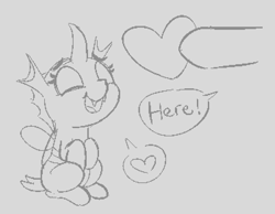 Size: 753x583 | Tagged: safe, artist:heretichesh, changeling, nymph, cute, cuteling, dialogue, emote, female, happy, heart, love, monochrome, pictogram, sketch, small, smiling, speech bubble, text, young