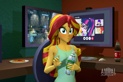 Size: 2160x1440 | Tagged: safe, artist:roxannegoat, sci-twi, sunset shimmer, twilight sparkle, equestria girls, g4, 3d, atomic betty, betty barrett, computer, crossover, discord (program), female, food, glitch techs, halo (series), miko kubota, pizza, shimmercode, soda, solo focus, source filmmaker, sunset's apartment, water bottle, watermark