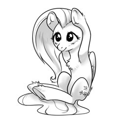 Size: 2211x2211 | Tagged: safe, artist:taytinabelle, fluttershy, pegasus, pony, g4, black and white, chest fluff, cute, female, frog (hoof), grayscale, high res, mare, monochrome, raised hoof, shyabetes, simple background, sitting, smiling, solo, underhoof, unshorn fetlocks, white background