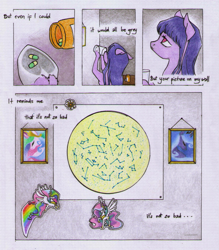 Size: 1195x1364 | Tagged: safe, artist:pandan009, princess celestia, princess luna, oc, oc:cosmia nebula, pony, g4, apartment, bed, blanket, bust, comic, constellation, cup, drinking, food, lonely, pillow, pills, portrait, sad, solo, song reference, star chart, sticker, tea, tired, traditional art, window