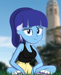 Size: 1445x1771 | Tagged: safe, artist:bastbrushie, oc, oc:brushie brusha, equestria girls, g4, breasts, clothes, coit tower, ears, equestria girls-ified, eye, eyes, female, grass, longshoreman, looking at you, san francisco, short, short pants, short shirt, sitting, sky, smiling, socks, solo, tree