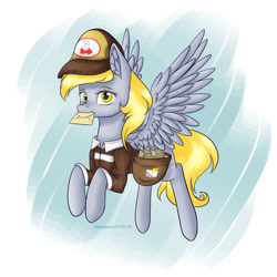 Size: 2000x2000 | Tagged: safe, artist:brilliant-luna, derpy hooves, pegasus, pony, g4, abstract background, bag, cap, clothes, ear fluff, female, flying, hat, high res, letter, mare, saddle bag, solo