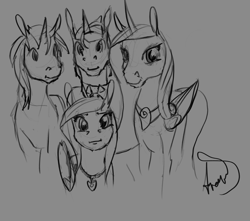 Size: 3000x2654 | Tagged: safe, artist:archonix, princess cadance, shining armor, alicorn, pegasus, pony, unicorn, g4, alternate hairstyle, gray background, grayscale, high res, looking at you, monochrome, pegasus cadance, self ponidox, simple background, sketch