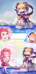 Size: 1500x3100 | Tagged: safe, artist:nikyuuchan, pinkie pie, human, equestria girls, g4, anklet, birthday, clothes, comic, commission, crossover, crying, cygames, dragalia lost, fourth wall destruction, heart tongue, nintendo, pond, rock, sad, shannon chan-kent, shocked, shocked expression, singing, skirt, spoilers for another series, tears of joy, voice actor joke, water, zena/other zethia