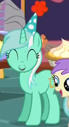 Size: 274x505 | Tagged: safe, screencap, alula, lyra heartstrings, pluto, pony, unicorn, g4, the maud couple, cropped, eyes closed, female, filly, hat, mare, party hat