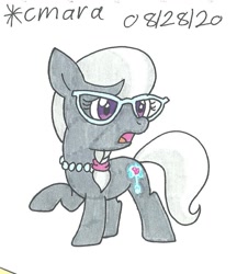Size: 766x888 | Tagged: safe, artist:cmara, silver spoon, earth pony, pony, g4, female, filly, glasses, jewelry, necklace, open mouth, raised hoof, simple background, solo, traditional art, white background