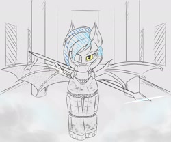 Size: 2048x1707 | Tagged: safe, artist:snowstormbat, oc, oc:midnight snowstorm, bat pony, cyborg, pony, armor, augmented, cybernetic wings, sketch, spear, weapon, wings