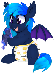Size: 2978x4096 | Tagged: safe, artist:duckie, princess luna, oc, oc only, bat pony, pony, adult foal, bat pony oc, bat wings, diaper, diaper fetish, eye clipping through hair, eyebrows, eyebrows visible through hair, fangs, fetish, food, high res, hoof hold, mango, non-baby in diaper, open mouth, open smile, plushie, simple background, sitting, size difference, smiling, solo, sparkly eyes, toy, transparent background, wingding eyes, wings
