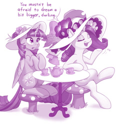 Size: 1280x1378 | Tagged: safe, artist:dstears, rarity, twilight sparkle, alicorn, pony, unicorn, g4, and then there's rarity, applejack's hat, cowboy hat, crossed legs, darling, dialogue, digital art, eyes closed, fabulosity, fabulous, female, giant hat, hair flip, hat, hatception, inception, mare, monochrome, movie reference, nice hat, rarity day, reference, sitting, table, twilight sparkle (alicorn)