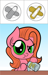 Size: 747x1174 | Tagged: safe, artist:wadusher0, oc, oc only, oc:pun, pony, ask pun, ask, can, corn, food, herbivore, solo