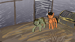 Size: 1920x1080 | Tagged: safe, artist:sunberry, oc, oc only, earth pony, pegasus, pony, alley, bush, disco elysium, dumpster, mud, open mouth, outdoors, snow