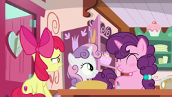 Size: 1920x1080 | Tagged: safe, screencap, apple bloom, sugar belle, sweetie belle, g4, the big mac question, blushing