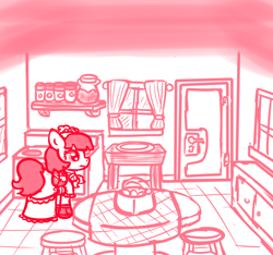 Size: 640x600 | Tagged: safe, artist:ficficponyfic, part of a set, oc, oc only, oc:mulberry telltale, cyoa:madness in mournthread, bag, basket, boots, cabinet, clothes, curtains, cyoa, dress, flower, fruit, headband, jar, kitchen, monochrome, neckerchief, shawl, shoes, staring ahead, stool, story included, stove, table, tablecloth, window