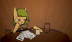 Size: 1178x679 | Tagged: safe, artist:sunberry, oc, oc:sunberry, earth pony, pony, bureaucracy, clothes, coat, coffee mug, glass, green hair, mouth hold, mug, paper, paperwork, pen, purple eyes, shot glass, table