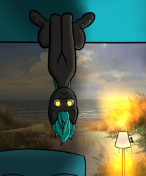 Size: 2500x3000 | Tagged: safe, artist:mosquito, oc, oc only, oc:04, changeling, :<, bugs doing bug things, ceiling, couch, eye, eyes, glowing, high res, intersex, lamp, solo, upside down