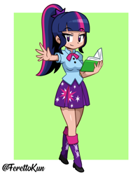 Size: 1000x1250 | Tagged: safe, artist:ferettokun, color edit, edit, editor:michaelsety, twilight sparkle, equestria girls, g4, my little pony equestria girls: better together, alternate hairstyle, book, colored, female, human coloration, i can't believe it's not sci-twi, light skin, light skin edit, ponytail, skin color edit, solo, twilight sparkle (alicorn)