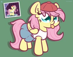 Size: 3250x2560 | Tagged: dead source, safe, artist:php142, gameloft, fluttershy, pegasus, pony, g4, 90s grunge fluttershy, :p, alternate hairstyle, backwards ballcap, baseball cap, belt, cap, clothes, cute, ear fluff, female, gameloft interpretation, green background, hat, high res, mare, shyabetes, simple background, skirt, solo, tank top, tongue out