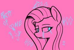 Size: 1106x749 | Tagged: safe, artist:pinkberry, pinkie pie, earth pony, pony, g4, :c, crying, frown, graffiti, monochrome, partial color, pinkamena diane pie, simple background, solo, text