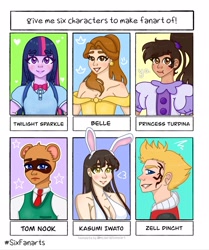 Size: 1600x1911 | Tagged: safe, artist:theblue-moonz, twilight sparkle, human, raccoon, anthro, equestria girls, g4, animal crossing, beauty and the beast, belle, bunny ears, bust, clothes, crossover, female, final fantasy, final fantasy xiii, male, necktie, saki, six fanarts, smiling, star vs the forces of evil, tom nook, zell dincht