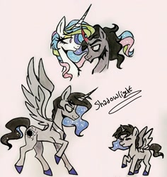 Size: 1756x1864 | Tagged: safe, artist:citi, king sombra, princess celestia, oc, oc:shadowlight, alicorn, pony, unicorn, g4, alicorn oc, colored horn, colt, curved horn, eye contact, female, horn, looking at each other, male, mare, next generation, offspring, parent:king sombra, parent:princess celestia, parents:celestibra, self ponidox, ship:celestibra, shipping, sombra horn, sparkly mane, stallion, straight, wings