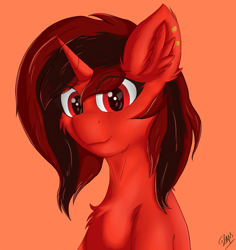 Size: 1976x2092 | Tagged: safe, artist:flapstune, oc, oc only, oc:flaps tune, pony, unicorn, bust, ear piercing, earring, female, fluffy, horn, jewelry, mare, orange background, piercing, signature, simple background, smiling, solo