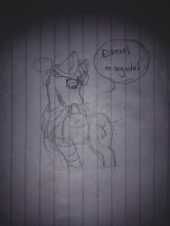 Size: 1536x2048 | Tagged: safe, artist:marydibuja, oc, oc only, oc:maylea, earth pony, pony, bag, earth pony oc, lineart, lined paper, saddle bag, solo, talking, traditional art