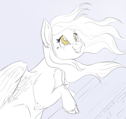 Size: 2367x2228 | Tagged: safe, artist:nyota71, derpy hooves, pegasus, pony, g4, cheek fluff, colored pupils, colored sketch, crying, female, high res, leg fluff, looking up, mare, open mouth, simple background, sketch, solo, tears of joy, unshorn fetlocks, windswept mane