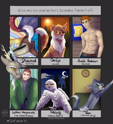 Size: 1864x2048 | Tagged: safe, artist:starmoonlightfox, discord, bird, cat, draconequus, human, owl, g4, abs, archie comics, clock, clothes, crescent moon, crossover, eye scar, harry potter (series), hedwig, luther hargreeves, male, moon, night, one eye (warrior cats), pants, partial nudity, riverdale, scar, signature, six fanarts, the umbrella academy, tom and jerry, tom cat, topless, warrior cats