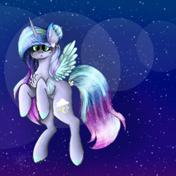 Size: 1080x1080 | Tagged: safe, artist:saladstarry, oc, oc only, alicorn, pony, alicorn oc, chest fluff, ethereal mane, flying, horn, night, rearing, solo, starry mane, stars, wings