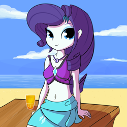 Size: 3375x3375 | Tagged: safe, artist:tjpones, rarity, equestria girls, g4, beach, belly button, bikini, bikini top, breasts, busty rarity, clothes, drink, female, geode of shielding, high res, looking at you, magical geodes, midriff, rarity's blue sarong, rarity's purple bikini, sarong, solo, swimsuit