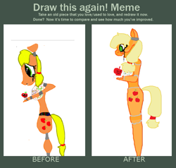 Size: 783x744 | Tagged: safe, artist:pawstheartest, applejack, earth pony, pony, g4, 1000 hours in ms paint, animatronic, apple, comparison, draw this again, duo, female, food, redraw