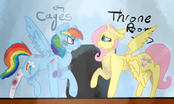 Size: 880x528 | Tagged: safe, artist:pawstheartest, fluttershy, rainbow dash, pegasus, pony, g4, angry, bandage, crown, duo, female, jewelry, mare, queen fluttershy, raised hoof, regalia