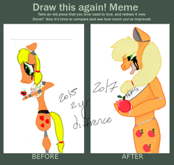 Size: 784x744 | Tagged: safe, artist:pawstheartest, applejack, earth pony, pony, g4, animatronic, apple, comparison, draw this again, female, food, redraw