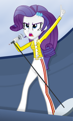 Size: 900x1481 | Tagged: safe, artist:grapefruitface1, rarity, equestria girls, g4, base used, belly button, clothes, cosplay, costume, female, freddie mercury, microphone, microphone stand, queen (band), show accurate, solo, stage