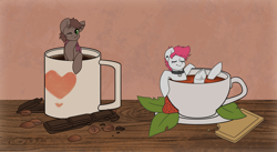 Size: 2654x1458 | Tagged: safe, artist:klooda, oc, oc only, oc:brewer, oc:noble brew, oc:rose red, pony, chocolate, coffee, coffee mug, colt, commission, cookie, cup, cup of pony, cute, digital art, eyes closed, female, food, frog (hoof), heart, leaves, looking at you, male, mare, micro, mug, one eye closed, smiling, smiling at you, stallion, strawberry, swimming, table, tea, teacup, underhoof, wink, ych result