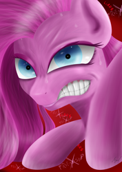 Size: 2508x3541 | Tagged: safe, artist:flaxen's art corner, pinkie pie, g4, angry, crazy face, faic, high res, looking at you, pinkamena diane pie, sweat, sweatdrop
