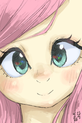 Size: 1200x1800 | Tagged: safe, artist:yanamosuda, fluttershy, pony, g4, ambiguous facial structure, blushing, bust, close-up, female, front view, full face view, head tilt, looking at you, portrait, smiling, solo, stray strand