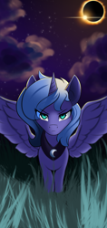 Size: 1440x3040 | Tagged: safe, artist:qbellas, princess luna, alicorn, pony, g4, cheek fluff, eclipse, eye clipping through hair, female, looking at you, mare, night, phone wallpaper, s1 luna, serious, serious face, solar eclipse, solo, spread wings, wings