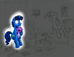Size: 3300x2550 | Tagged: safe, artist:jac59col, night light, shining armor, twilight sparkle, twilight velvet, pony, unicorn, g4, angry, baby, baby pony, babylight sparkle, bloodshot eyes, broken vase, crying, crylight sparkle, father and child, father and daughter, female, high res, male, parenting, red eyes, sleepy, sparkle family, wat, winnie the pooh, wip, younger