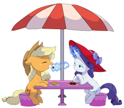 Size: 4942x4308 | Tagged: safe, alternate version, artist:chub-wub, applejack, rarity, earth pony, pony, unicorn, g4, alternate hairstyle, apple, applejack's hat, background removed, bedroom eyes, cake, cowboy hat, eating, eyeshadow, female, food, fork, freckles, glowing horn, hat, herbivore, horn, lesbian, magic, makeup, mare, open mouth, plate, ship:rarijack, shipping, simple background, stool, strawberry, sun hat, table, telekinesis, transparent background, umbrella