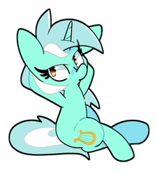 Size: 2000x2222 | Tagged: safe, artist:kindakismet, lyra heartstrings, pony, unicorn, g4, crossed legs, female, high res, hooves behind head, mare, simple background, sitting, solo, white background