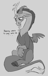 Size: 802x1280 | Tagged: safe, artist:hattiezazu, discord, draconequus, g4, ..., cute, discute, eyebrows, gray background, grayscale, male, monochrome, relatable, sad, sadorable, simple background, sitting, solo